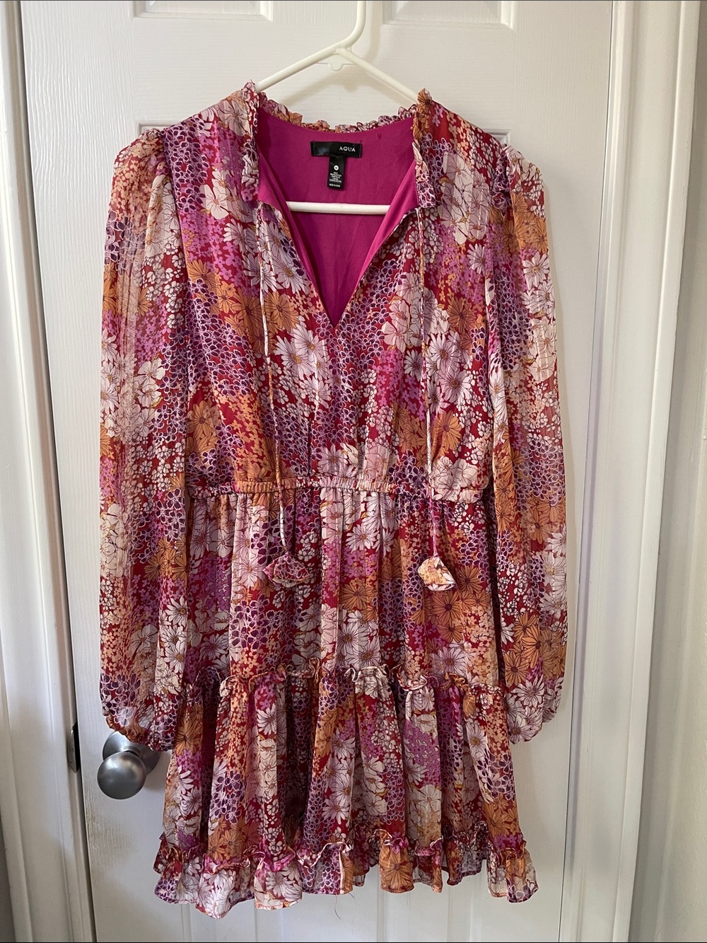 Aqua Pink & Rust Floral Long-Sleeve Tiered Dress